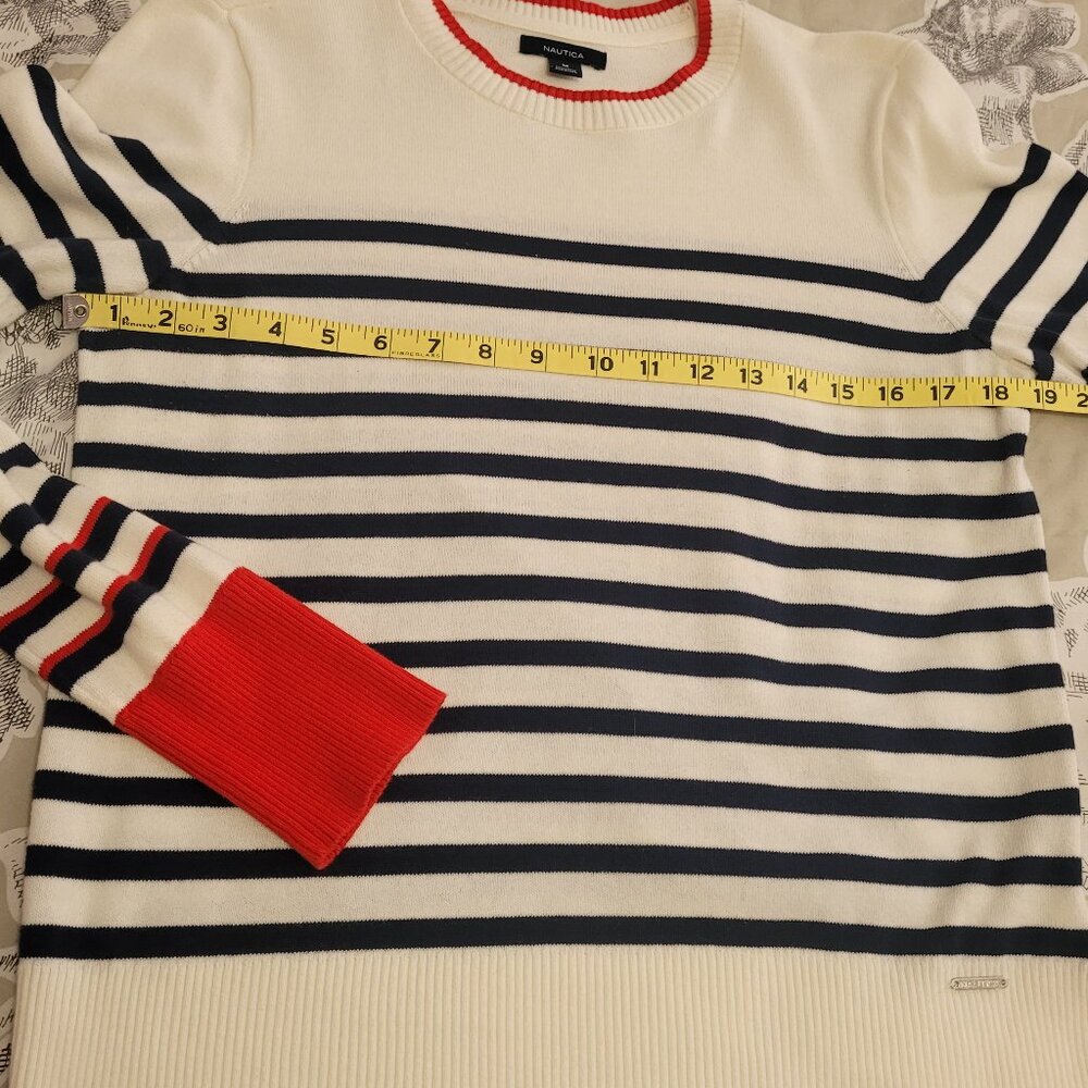 Nautica Crew Neck Cotton Sweater Cream w/Blue Stripes and Red Cuffs Medium EUC - Picture 4 of 6